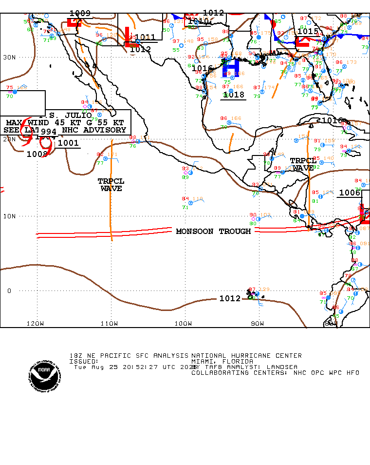 Situación general del Pacífico Este - tormentas tropicales y áreas de vigilancia