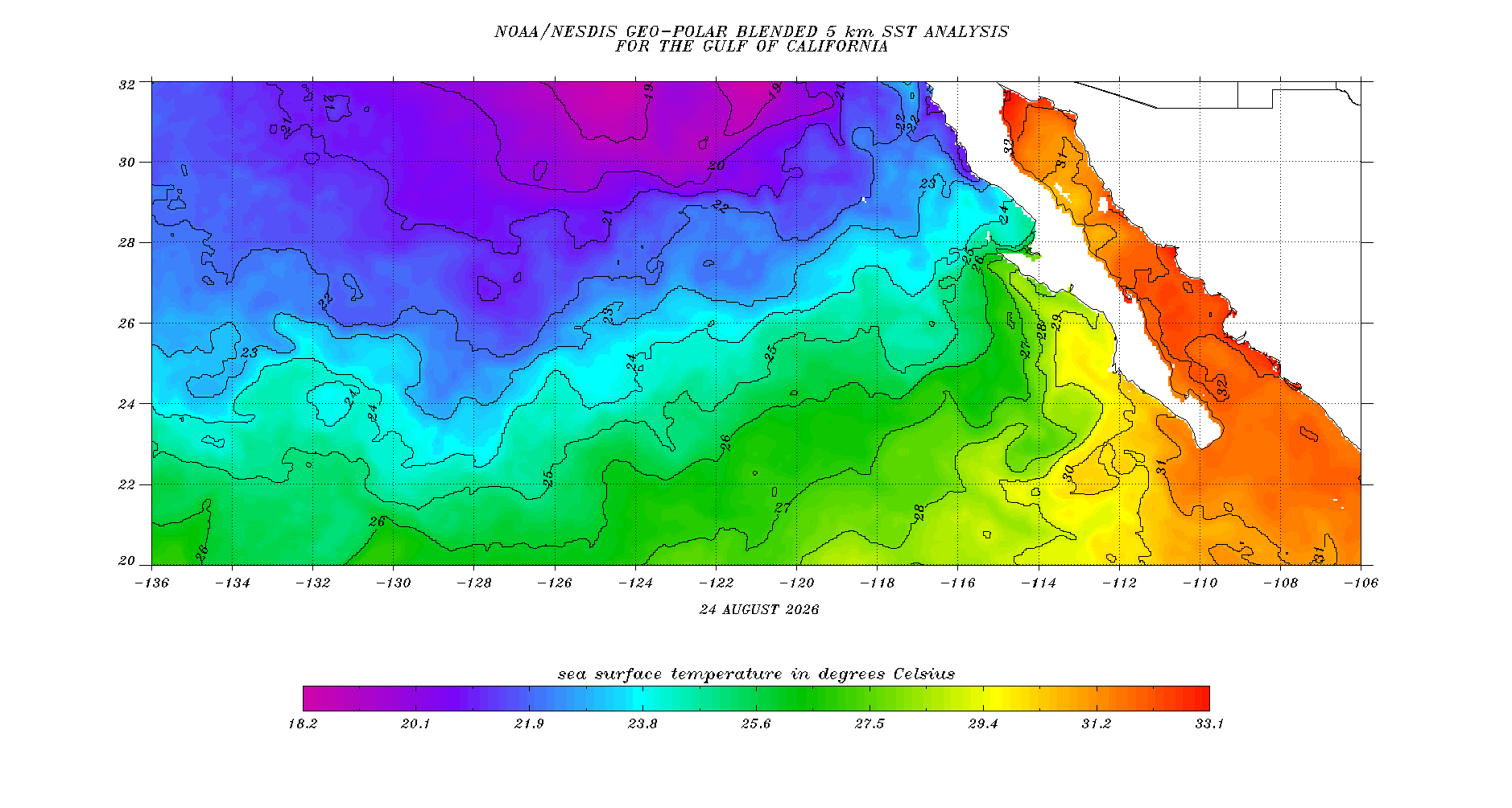Temperatura superficial del mar con contornos - Golfo de California y costa del Pacífico mexicano
